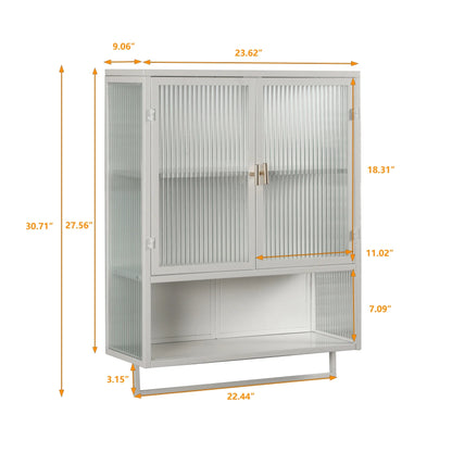 Two-door Wall Cabinet, Modern Kitchen Wall Mounted Cabinet with 2 Glass Doors, Two-tier Enclosed Storage, an Open Shelf, Towel Rack, Metal Wall Cabinet for Entryway, Living Room, Bathroom, White