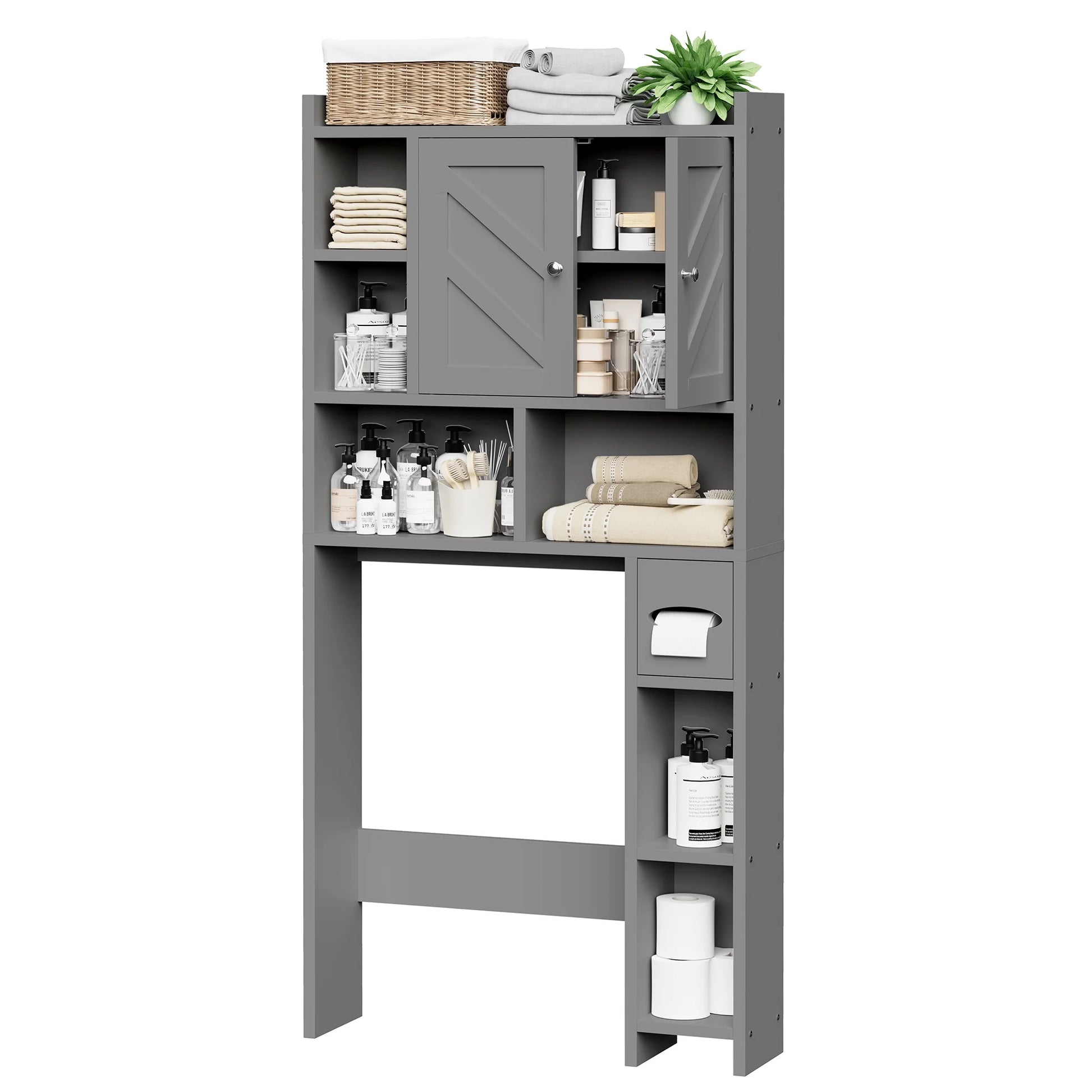 Walsunny Over the Toilet Storage Cabinets with Doors Side Shelves Toilet Paper Holder Stand Organizer Shelf Rack Space Saver above behind Toilet Freestanding for Bathroom Restroom Laundry Gray
