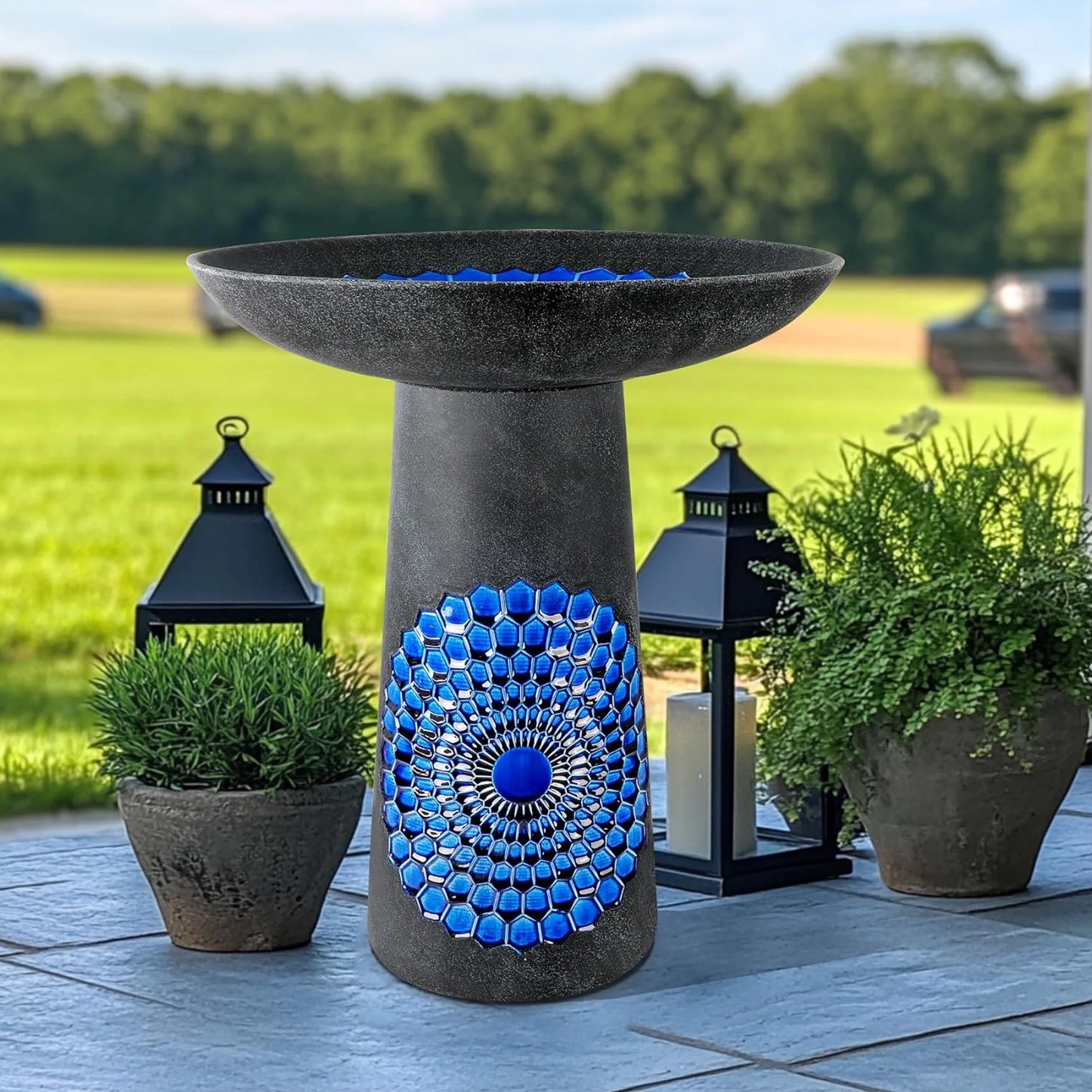 BUYMAX Tall Ceramic Bird Bath for Garden, UV-Resistant, Diamond Blue Grey