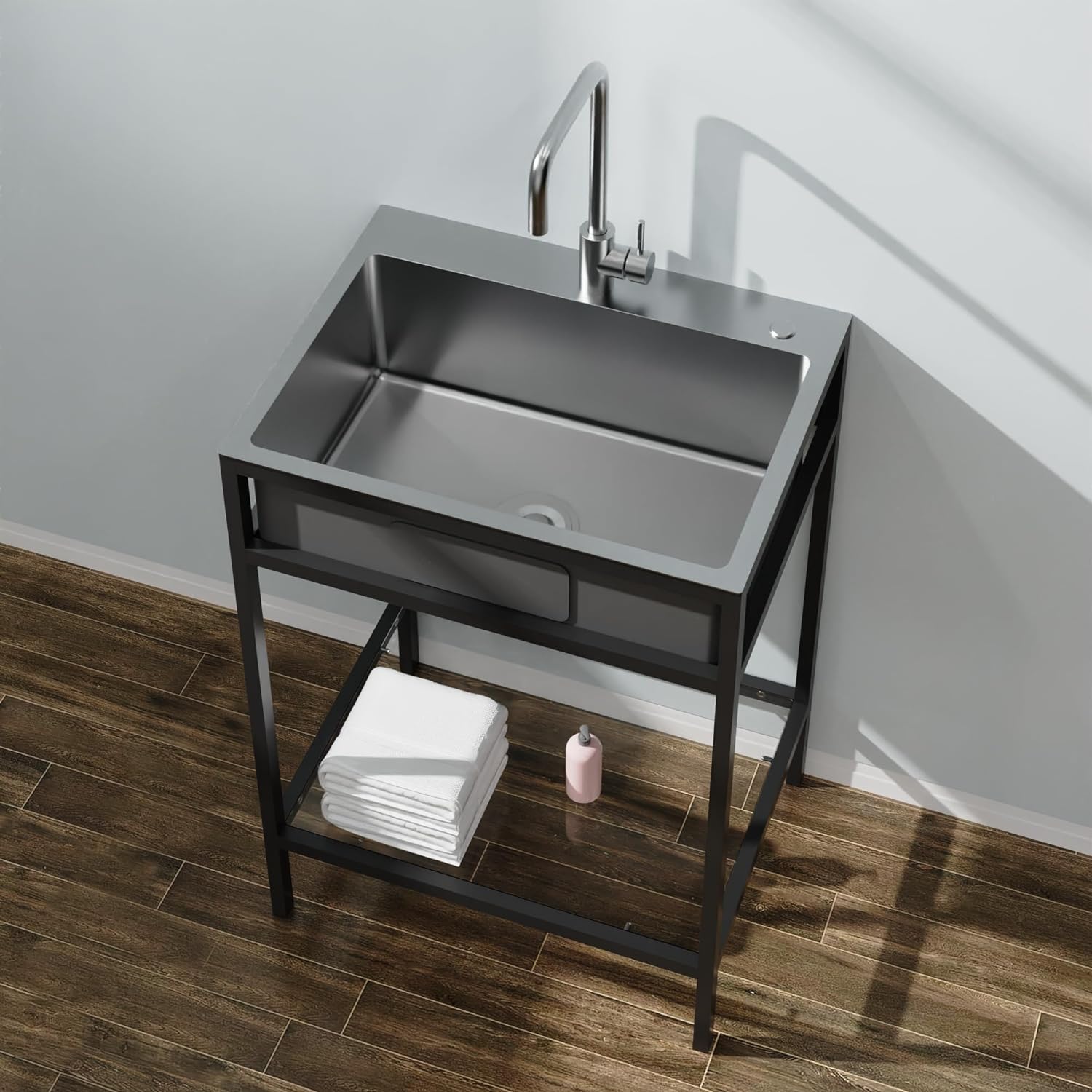 Goodyo 24" Freestanding Utility Sink Stainless Steel Laundry Sink with Bracket and Drain Kit for Laundry Room, Bathroom, Garage, Basement, Outdoor and Indoor, Silver