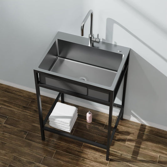 Goodyo 24" Freestanding Utility Sink Stainless Steel Laundry Sink with Bracket and Drain Kit for Laundry Room, Bathroom, Garage, Basement, Outdoor and Indoor, Silver