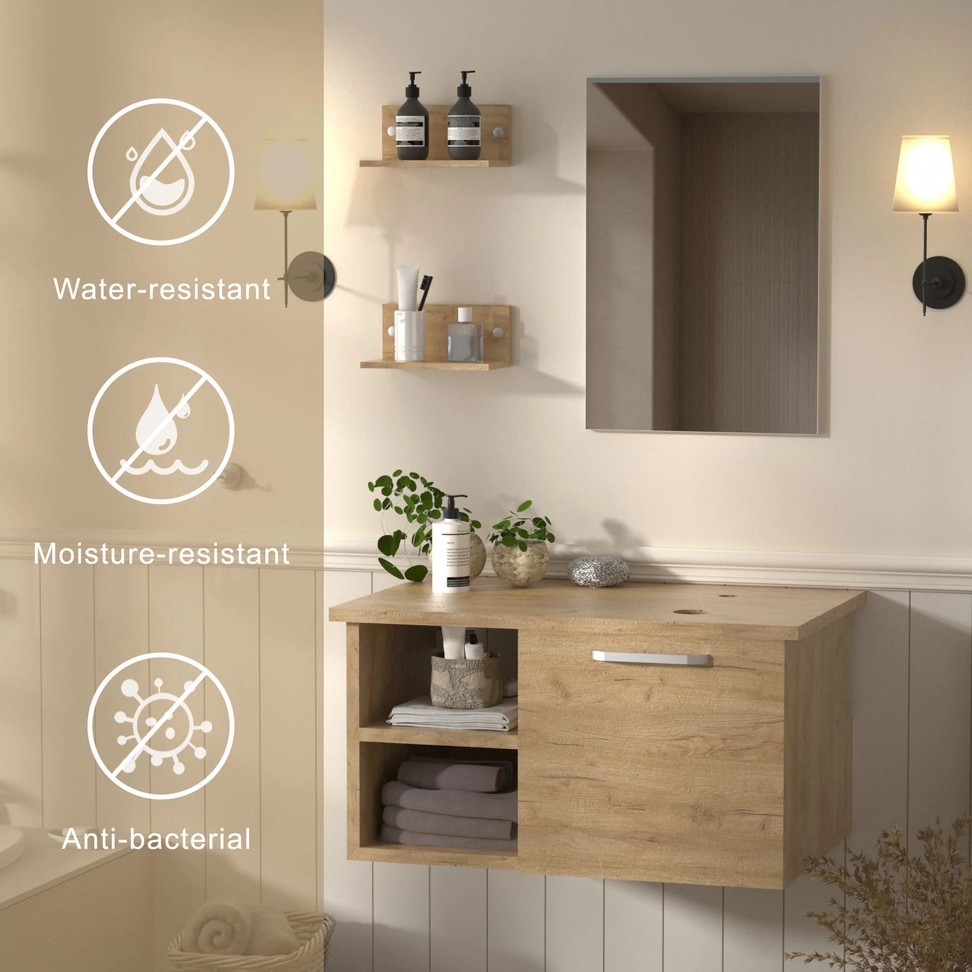 FULLWATT 28 Inch Modern Bathroom Vanity Set with Mirror Wall Mount Wood Color Cabinet Glass Sink Chrome Faucet and Pop Up Drain