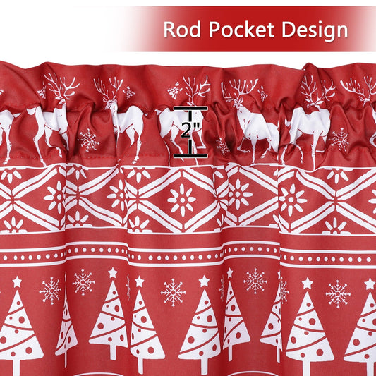 ZACOO 26"Wx24"L Red Christmas Kitchen Curtains Xmas Tree and Deer Pattern Bathroom Window Curtain Boho Style Half Window Curtains Light Filtering, Set of 2