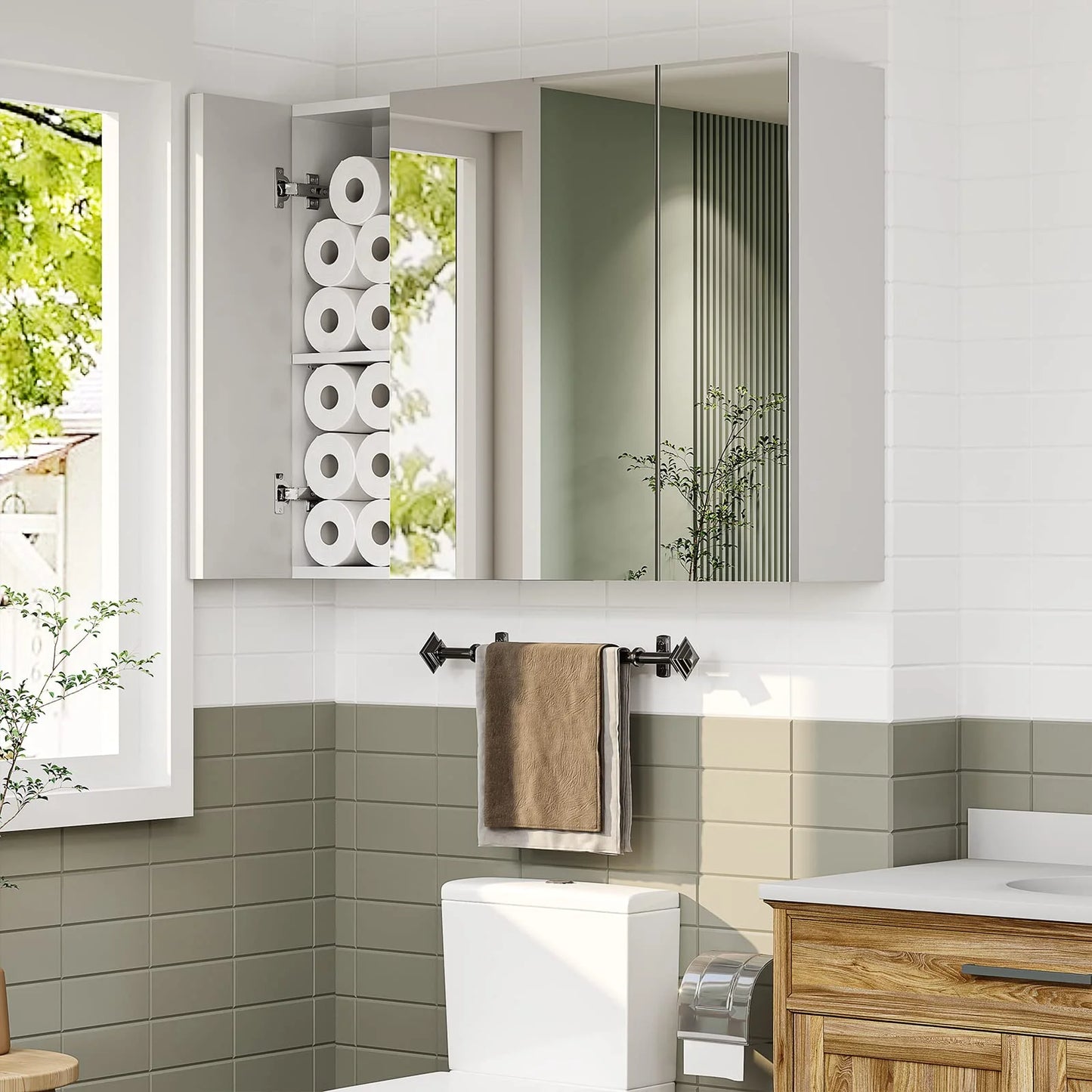 Medicine Cabinet Bathroom Wall Mirror Cabinet with 3 Door & 3 Adjustable Shelf, Multipurpose Storage Organizer for Kitchen Living Room, White