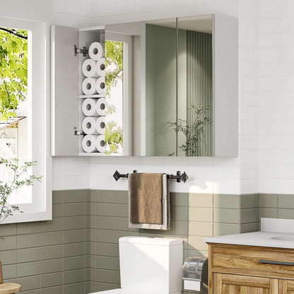 Medicine Cabinet Bathroom Wall Mirror Cabinet with 3 Door & 3 Adjustable Shelf, Multipurpose Storage Organizer for Kitchen Living Room, White