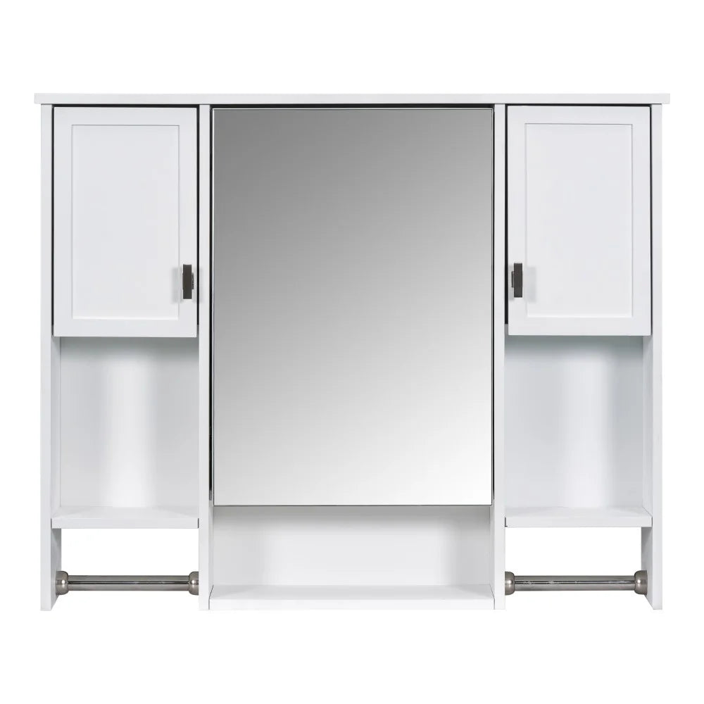 IVV Wall Mounted Bathroom Cabinet with Mirror, Modern Over The Toilet Storage Cabinet, White Medicine Cabinet Organizer with 3 Doors, 2 Towel Bars, Open Storage & Adjustable Shelves
