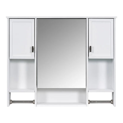 IVV Wall Mounted Bathroom Cabinet with Mirror, Modern Over The Toilet Storage Cabinet, White Medicine Cabinet Organizer with 3 Doors, 2 Towel Bars, Open Storage & Adjustable Shelves