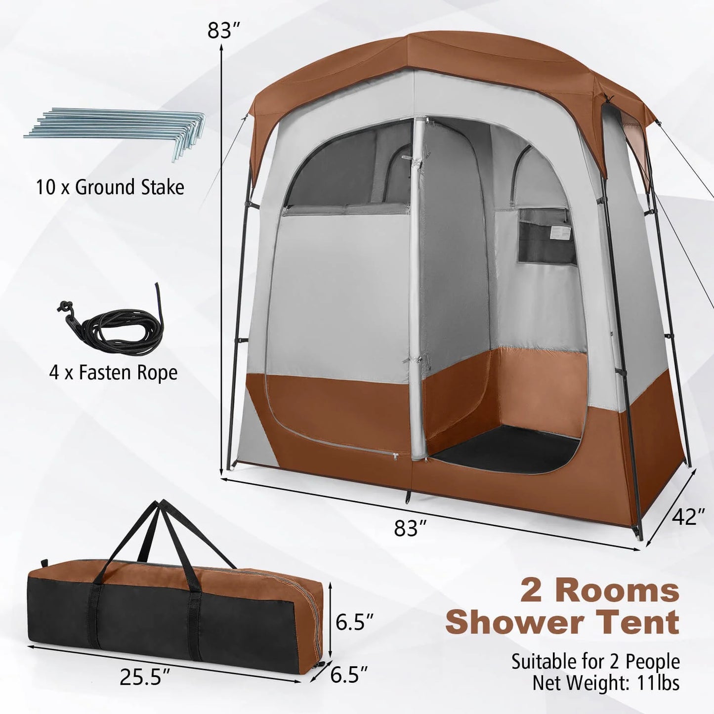 GFNXYI Brown 2-Person Shower Tent, Dual-Room Outdoor Privacy Tent with Stakes & Ropes, Portable Camping Bathing Changing Tent, Water-Resistant Sunshade Camp Shelter