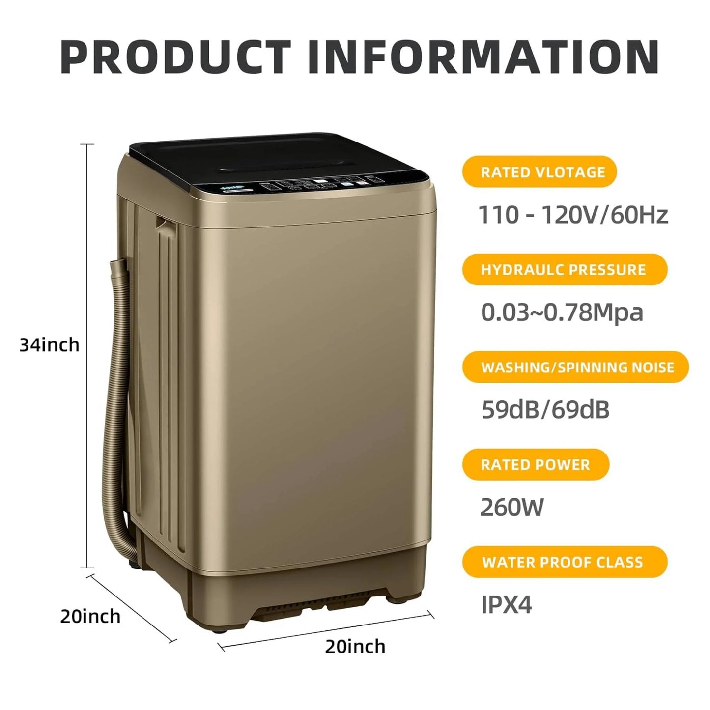 Top Load Washing Machine 17.7 lbs Full Automatic Clothes Washer with 10 Programs & 8 Water Levels for Apartment,Bathroom, Gold