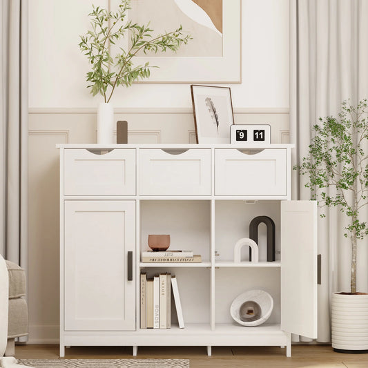 PORKISS White Floor Storage Cabinet, Wood Accent Cabinet with Drawers and Adjustable Shelves Storage, Modern Pantry Cabinet for Kitchen, Bathroom, Living Room