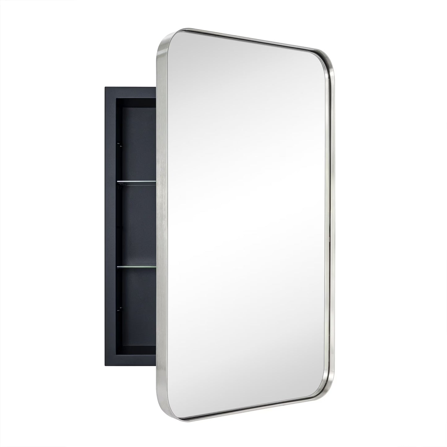 TEHOME Black Rectangle Recessed Bathroom Medicine Cabinet with Mirror Stainless Steel Metal Framed Rounded Rectangular Bathroom Cabinet with Mirror 16x24''