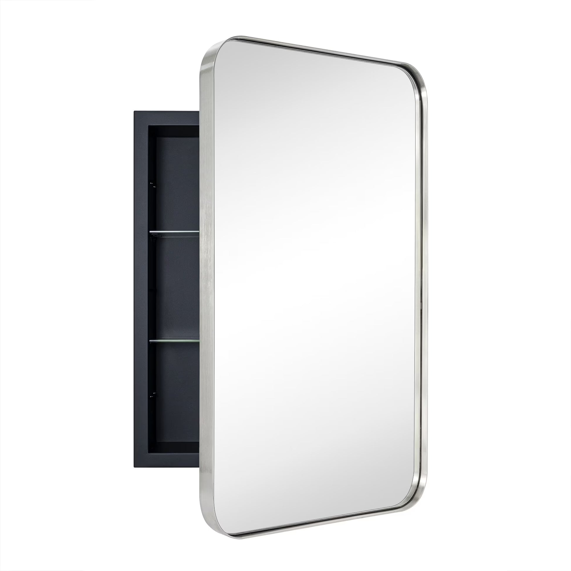 TEHOME Black Rectangle Recessed Bathroom Medicine Cabinet with Mirror Stainless Steel Metal Framed Rounded Rectangular Bathroom Cabinet with Mirror 16x24''