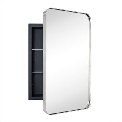 TEHOME Black Rectangle Recessed Bathroom Medicine Cabinet with Mirror Stainless Steel Metal Framed Rounded Rectangular Bathroom Cabinet with Mirror 16x24''