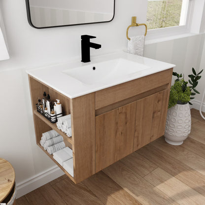 30" Bathroom Vanity with Sink Set, Wall Mounted Floating Bathroom Vanities with Adjustable Shelf and Storage Drawers Vanity and Sink Combo, Bathroom Storage Combo Cabinet for Small Space, White