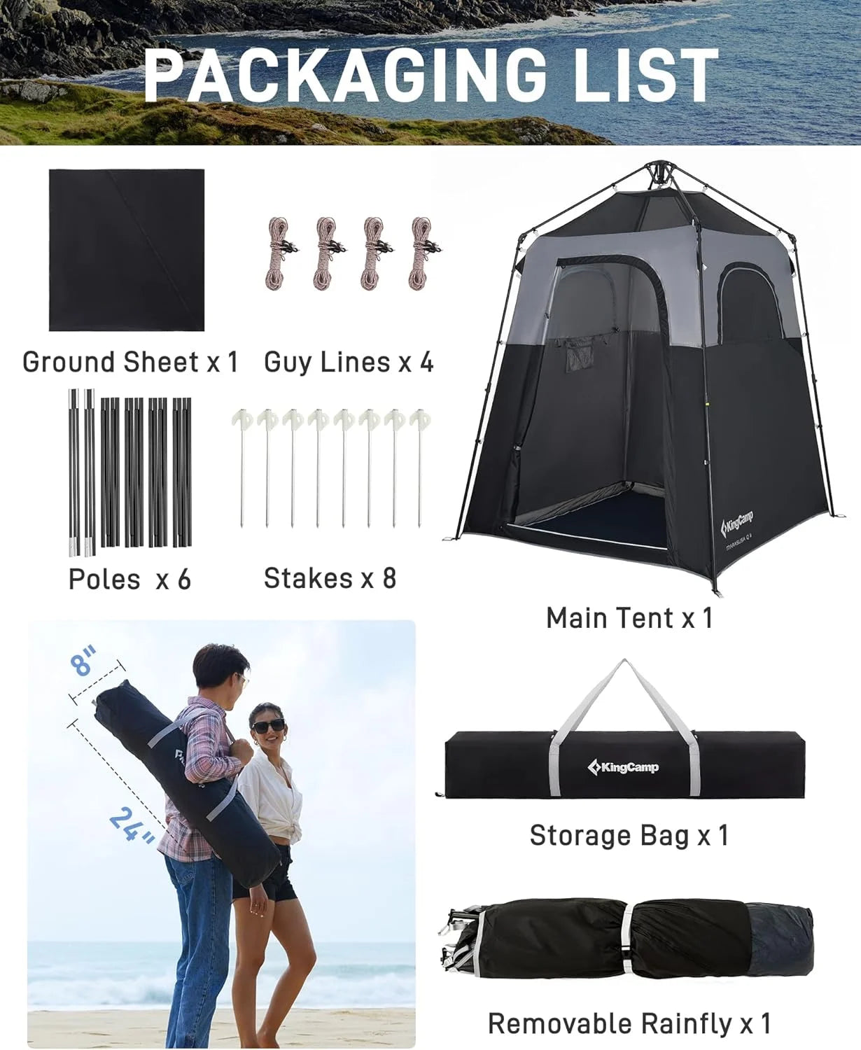 KingCamp Shower Tent, Portable Camping Bathroom Tent with 5 Gallon Solar Heated Bag, Outdoor Privacy Changing Room Tent, Privacy Shelter for Toilet, Dressing Outdoor Camping, Hiking