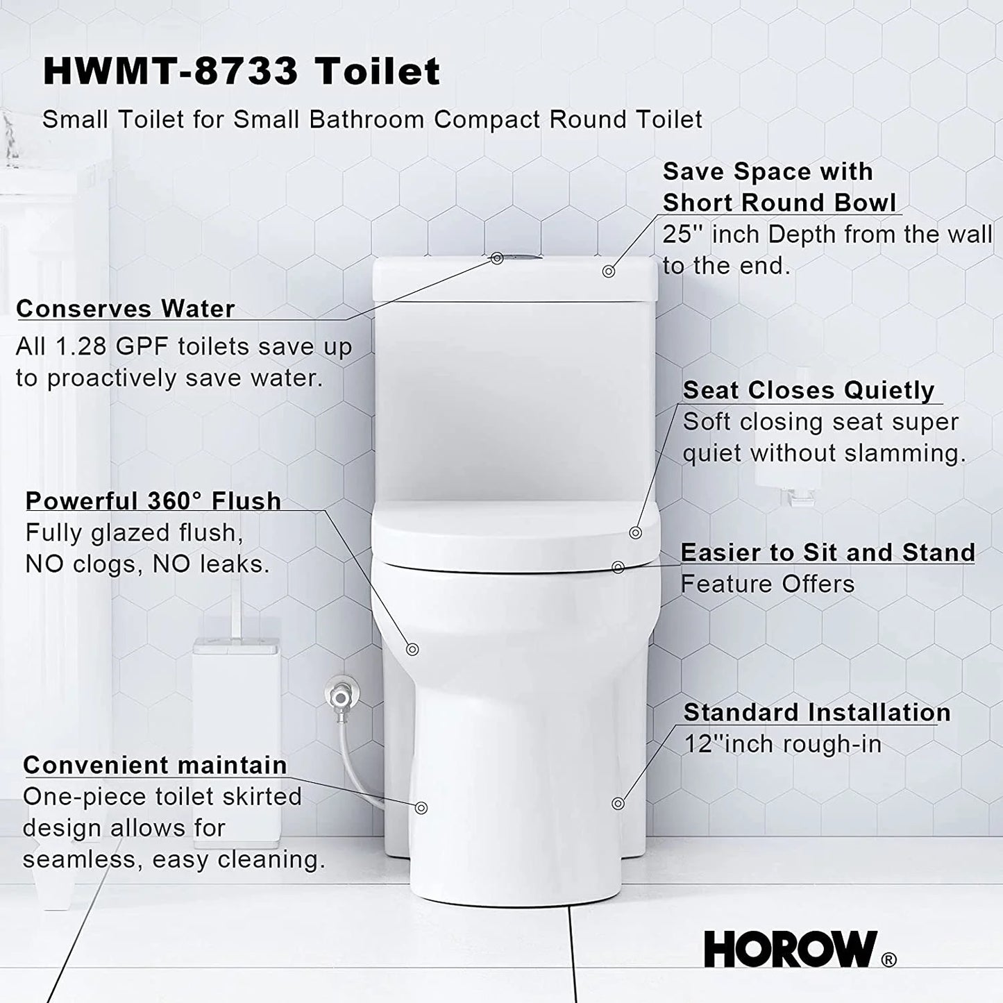 HOROW Upgraded One Piece Ultra Ceramic 0.8/1.28+ GPF Dual Flush Small Compact Toilets for Bathrooms