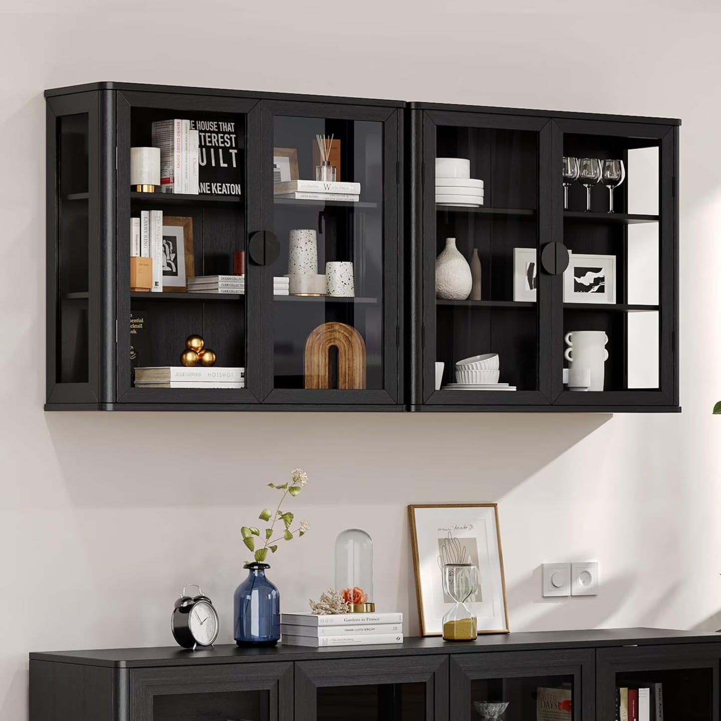 56" Black Wall Storage Cabinets,Kitchen Wall Cabinets with Glass Doors,Over The Toilet Storage Cabinets with Tempered Glass, Upper cabinets for Launtry, Kitchen,Bathroom, 28 inch X 2PCS