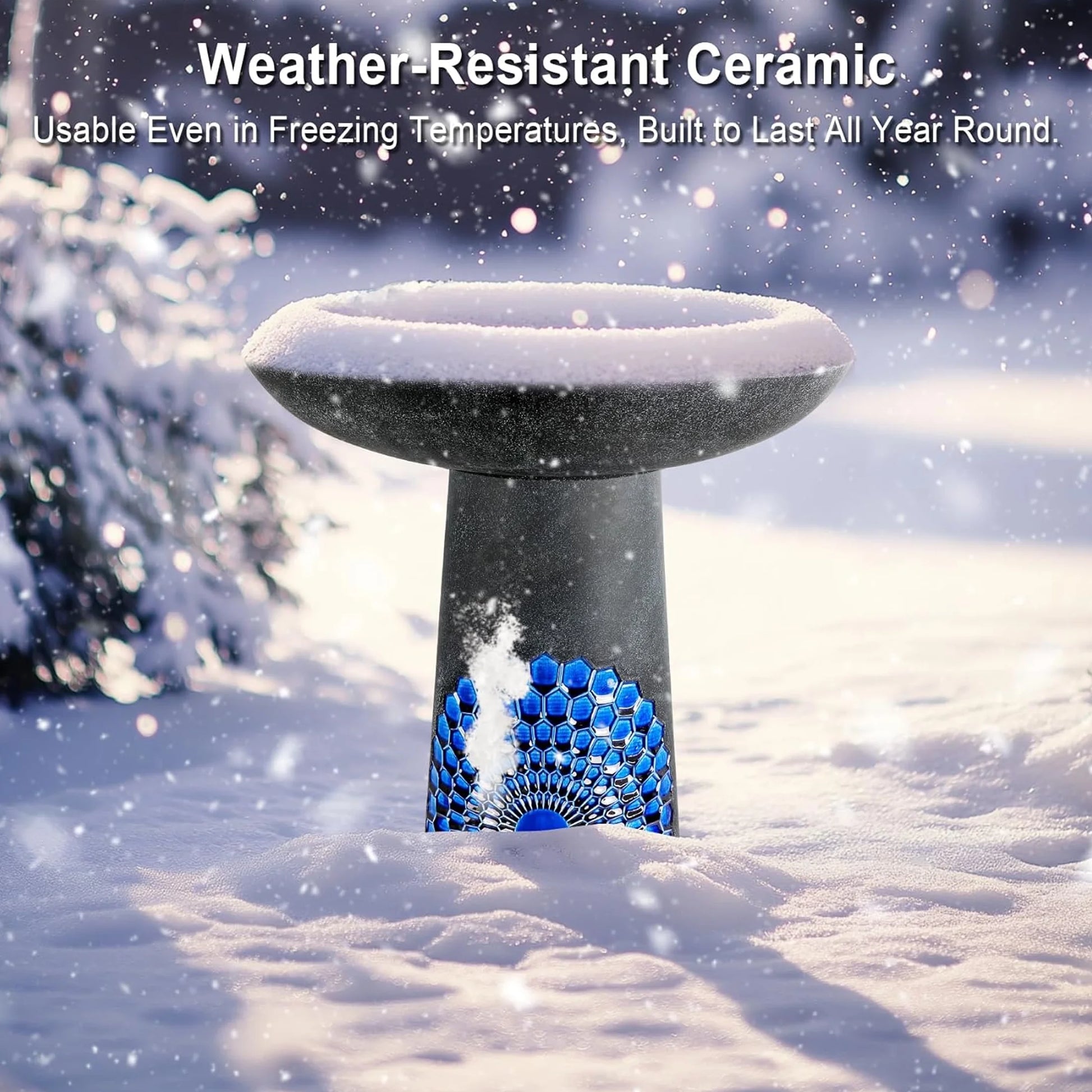 BUYMAX Tall Ceramic Bird Bath for Garden, UV-Resistant, Diamond Blue Grey
