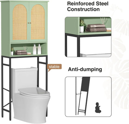 VEANERWOOD Rattan Over The Toilet Storage Cabinet, Bathroom Space-Saving Toilet Rack with Cupboard Metal Stand & Adjustable Shelf, Space Saver