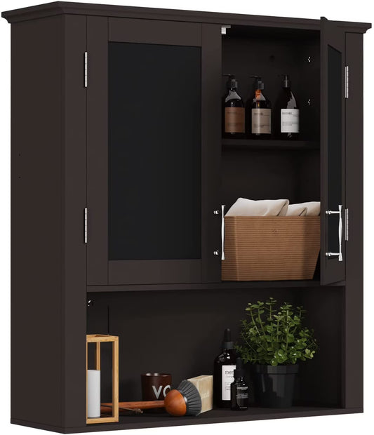 Bathroom Cabinet Wall Mounted with Double Doors, Wood Hanging Cabinet, Medicine Cabinet Storage Organizer with Height Adjustable Shelves Over The Toilet, Coffee