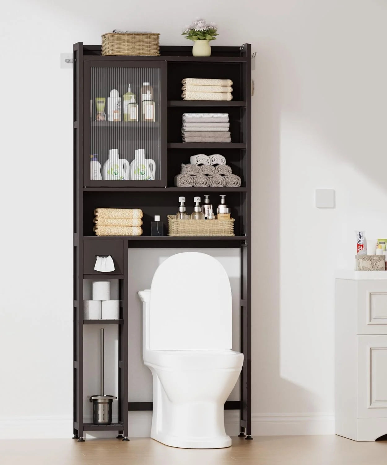 Over The Toilet Storage Cabinet with Acrylic Door Panel and Paper Towel Drawer, Bamboo Space Saver Shelf, Bathroom Organizer Rack Above WC (Without Power Strip, Brown)