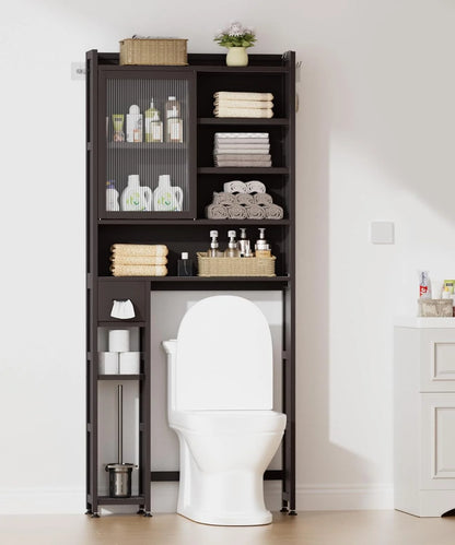 Over The Toilet Storage Cabinet with Acrylic Door Panel and Paper Towel Drawer, Bamboo Space Saver Shelf, Bathroom Organizer Rack Above WC (Without Power Strip, Brown)