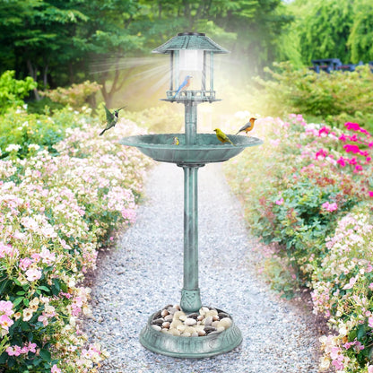 Ktaxon Wild Bird Bath Resin Pedestal Birdbaths with Solar Light Antique Sculpture Finish Garden Decor Dark Green