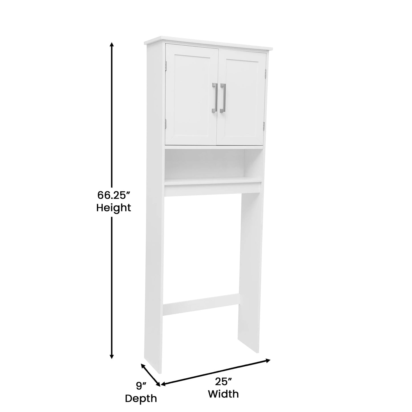 Emma + Oliver Over the Toilet Cabinet Storage Bathroom Organizer with In-Cabinet Adjustable Shelf, Open Lower Shelf, and Dual Magnetic Closure Doors in White