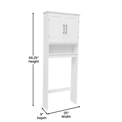 Emma + Oliver Over the Toilet Cabinet Storage Bathroom Organizer with In-Cabinet Adjustable Shelf, Open Lower Shelf, and Dual Magnetic Closure Doors in White