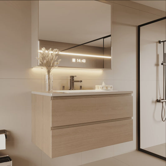 24" Width Wall-Mount Bathroom Vanity �?Modern Floating Vanity with Soft-Close Drawers, Laminate Doors, Plywood Construction, Cosmo Sand