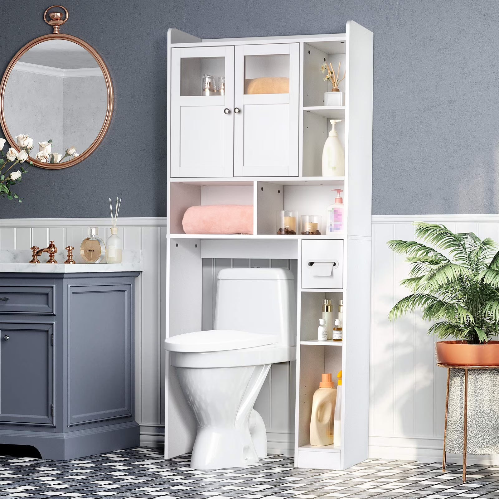 Zimtown 67'' over the Toilet Bathroom Storage Cabinet with 2 Doors and Adjustable Shelf, White