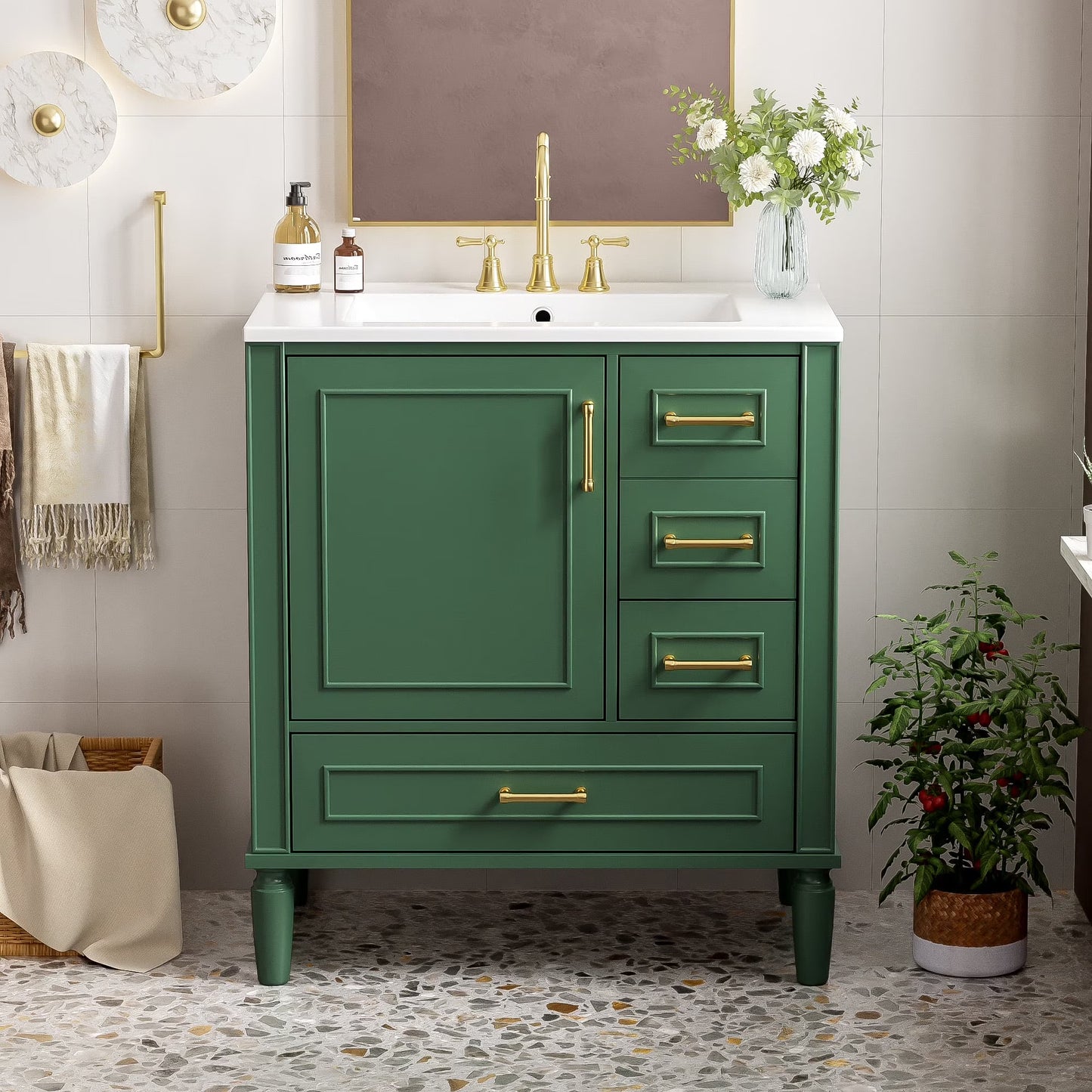ENSHUI Traditional 30-Inch Bathroom Vanity Set, Floor Standing, with Three Drawers, Soft Close Doors, Long Gold Metal Handles