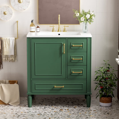 ENSHUI Traditional 30-Inch Bathroom Vanity Set, Floor Standing, with Three Drawers, Soft Close Doors, Long Gold Metal Handles