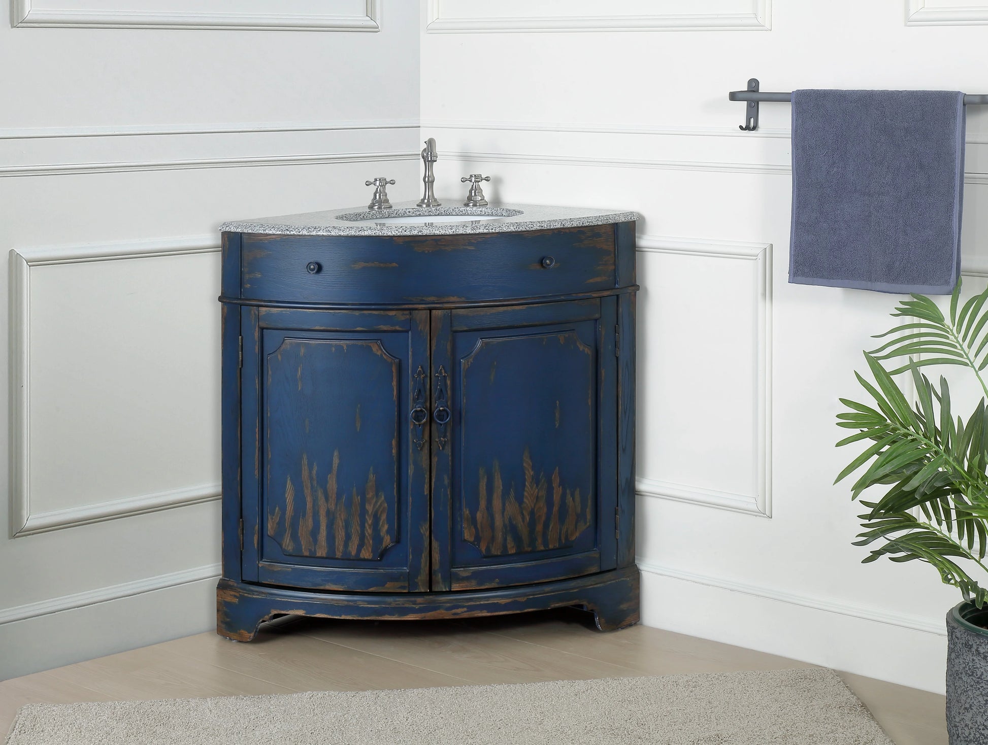 Benton Collection 24" Distressed Gray Corner Bathroom Vanity with White Quartz Top