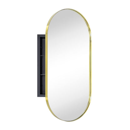 TEHOME Chrome Oval Recessed Bathroom Medicine Cabinet with Mirror Stainless Steel Metal Framed Oblong Pill Shaped Bathroom Cabinet with Mirror 16x33''