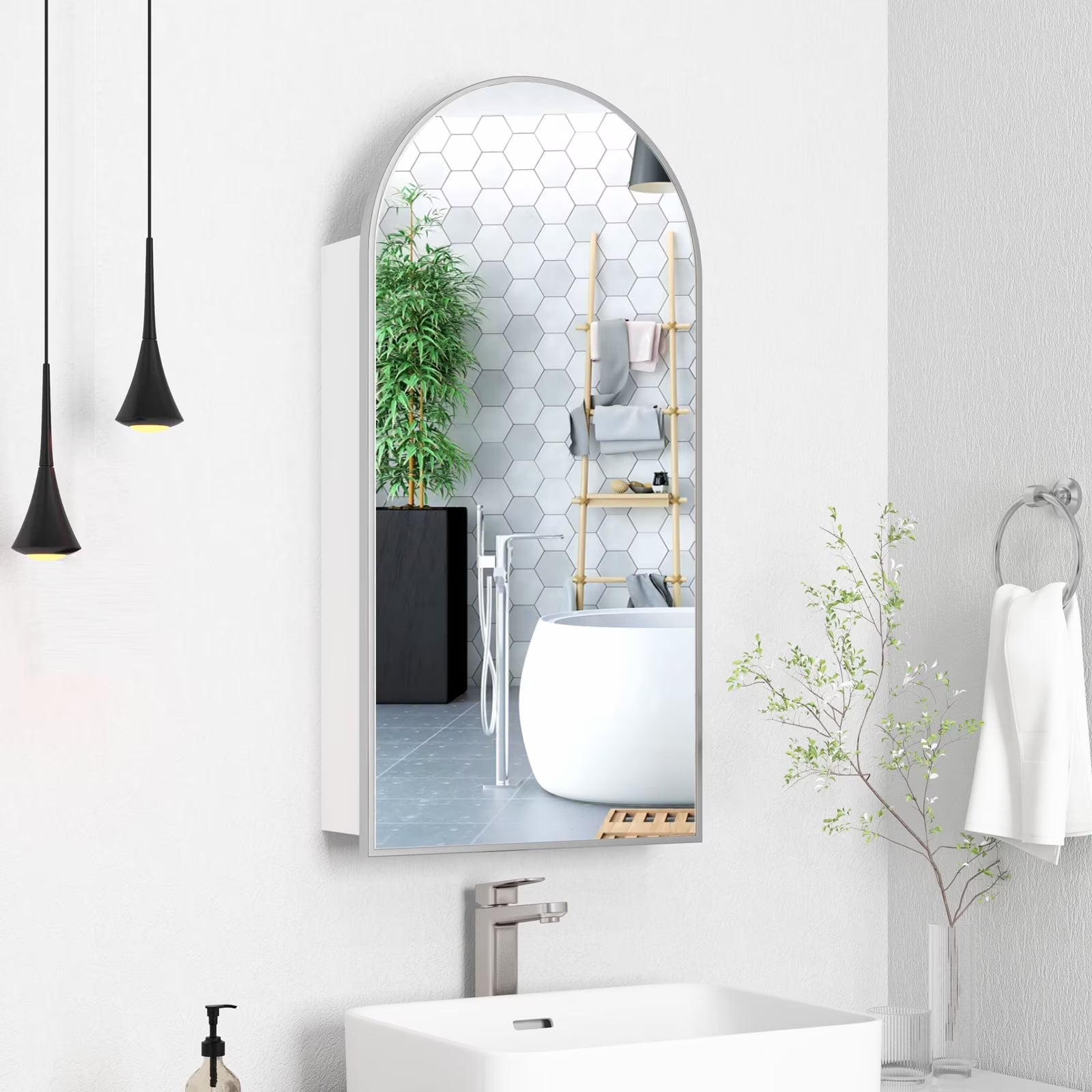 FKWin Arched Bathroom Medicine Cabinet with Mirror - Aluminum Framed Bathroom Mirror with Storage, Black Mirrored Medicine Cabinet, Wall Surface Mounted, 31.4"H x 15.7"W x 3.9"D