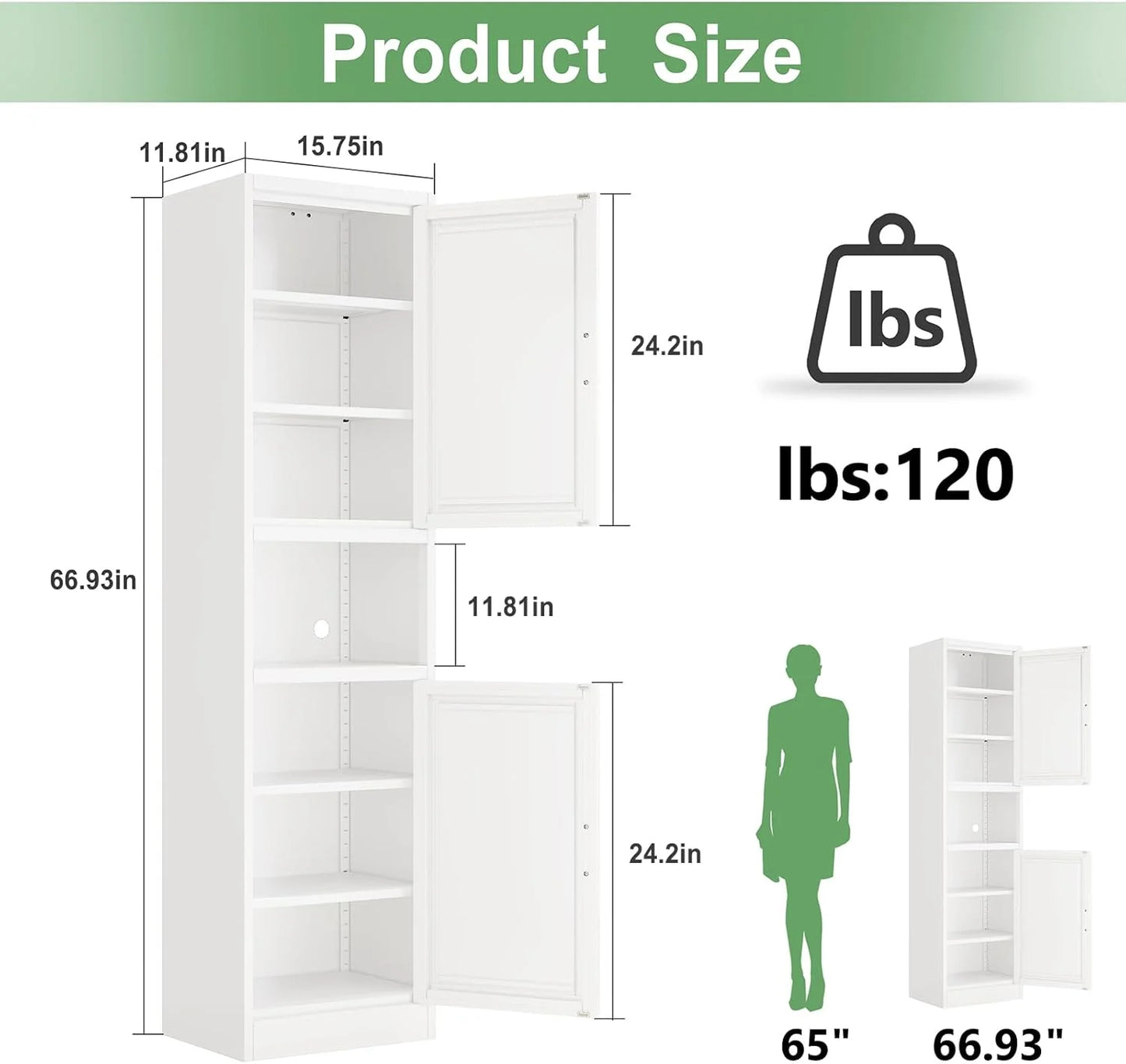 47.24" H Metal Narrow Bathroom Storage Cabinet Pantry Storage Cabinet, 2 Adjustable Shelves for Kitchen, Home Office, Living Room, Dinning Room (Black)