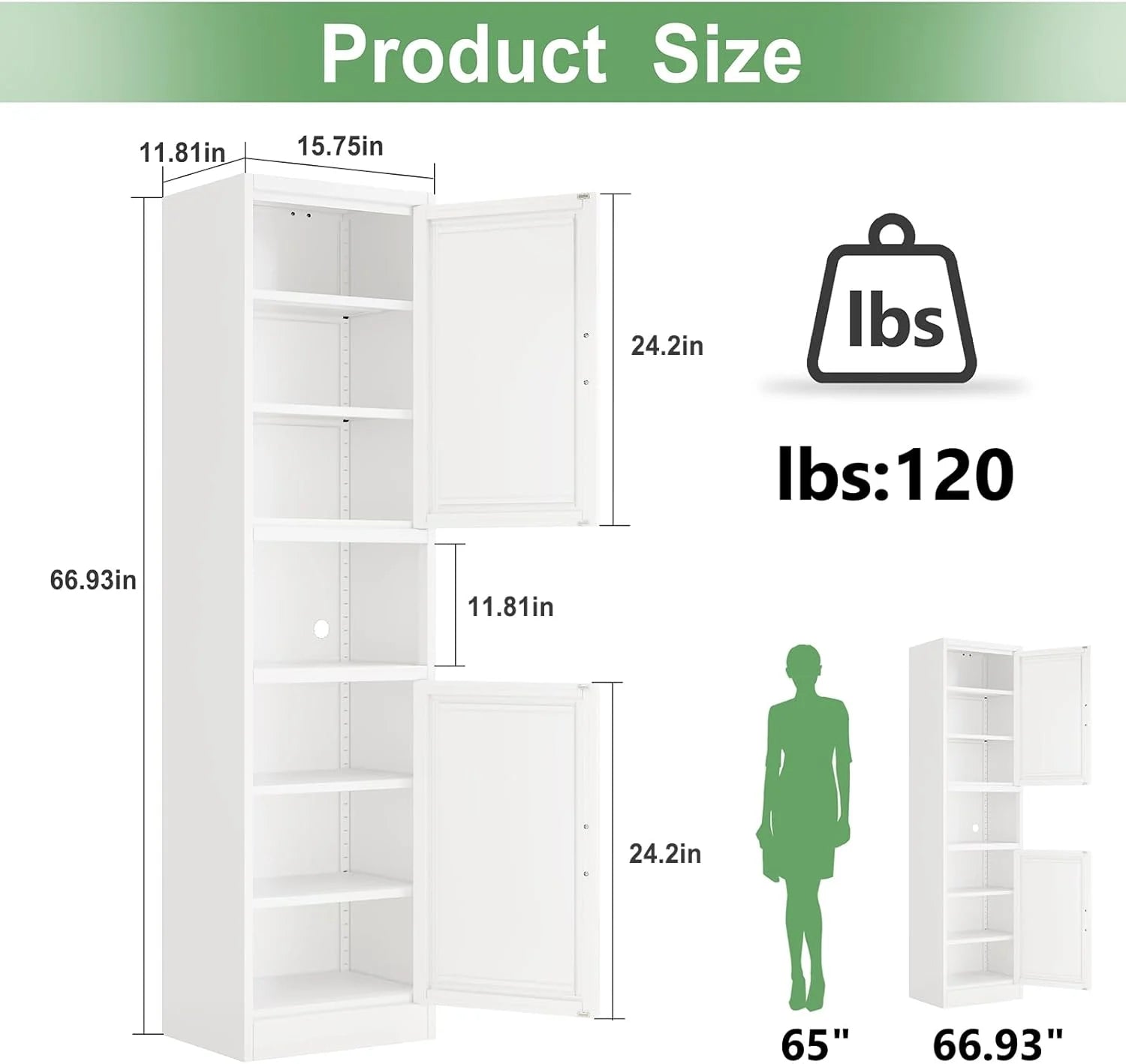 47.24" H Metal Narrow Bathroom Storage Cabinet Pantry Storage Cabinet, 2 Adjustable Shelves for Kitchen, Home Office, Living Room, Dinning Room (Black)
