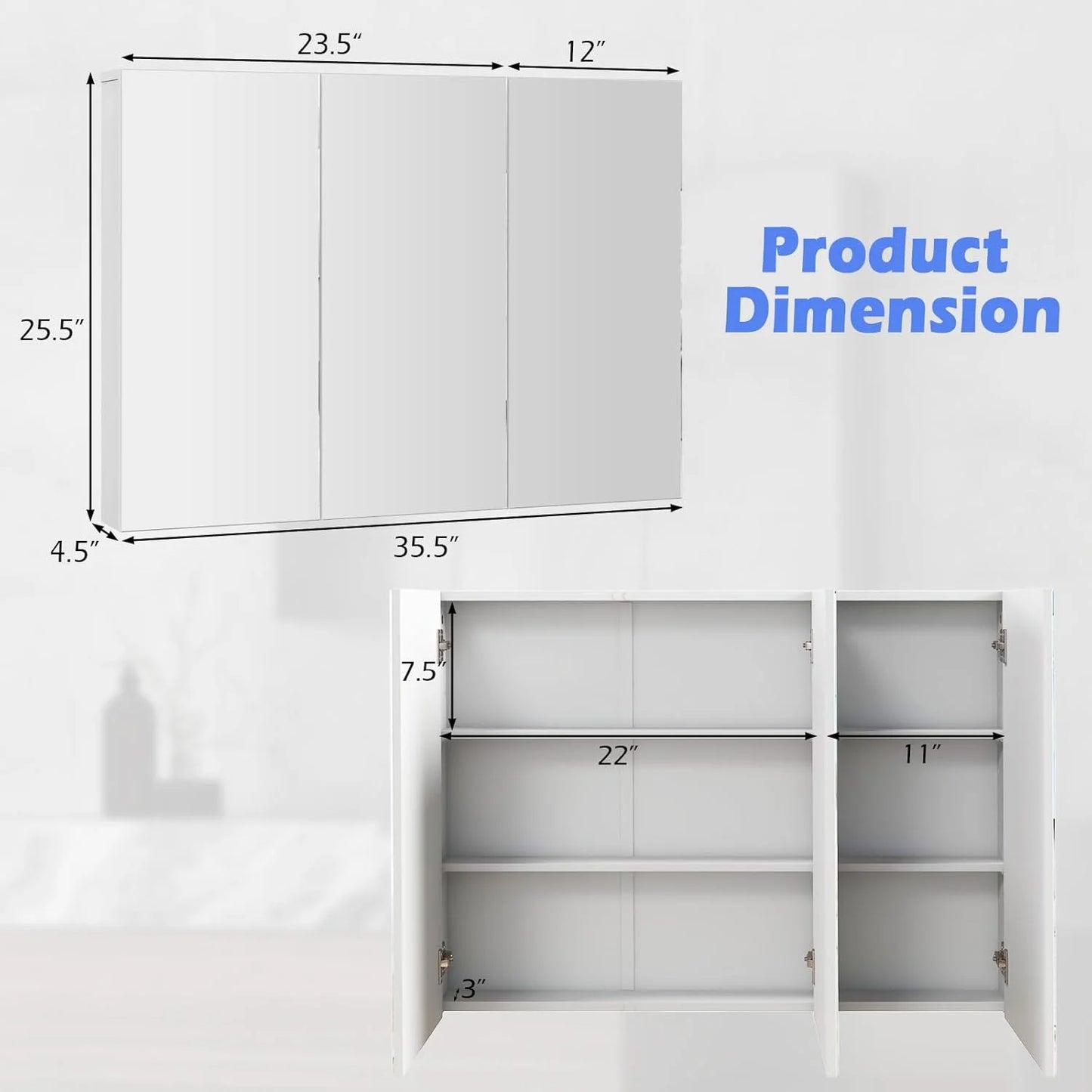 SZWS Mirrored Medicine Cabinet, Large Wide Wall Mounted Storage Cabinet with 3 Mirror Doors & Adjustable Shelf, Hanging Bathroom Organizer, White, 36 x 4.5 x 25.5 Inches