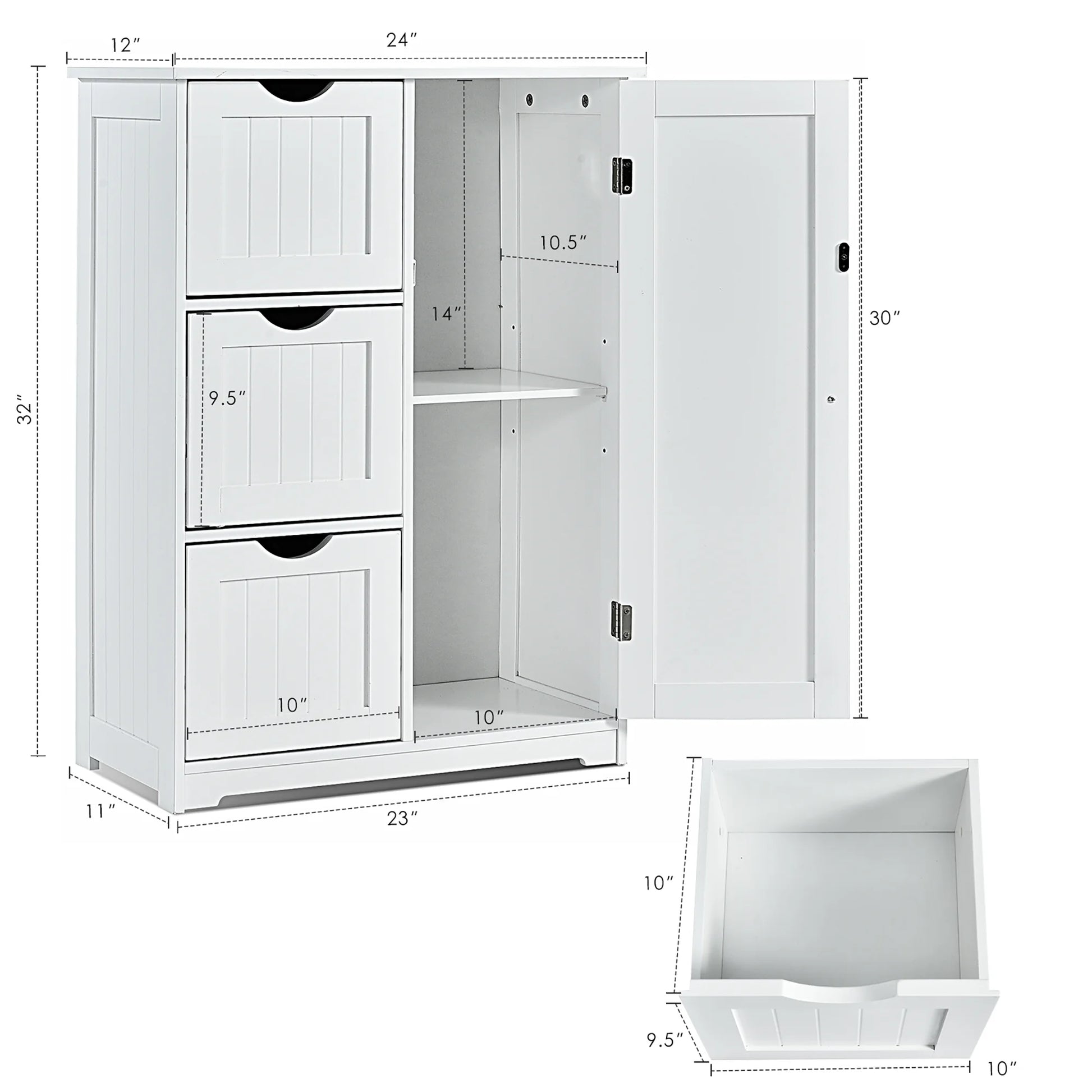 Costway Bathroom Floor Cabinet Side Storage Cabinet with 3 Drawers and 1 Cupboard White