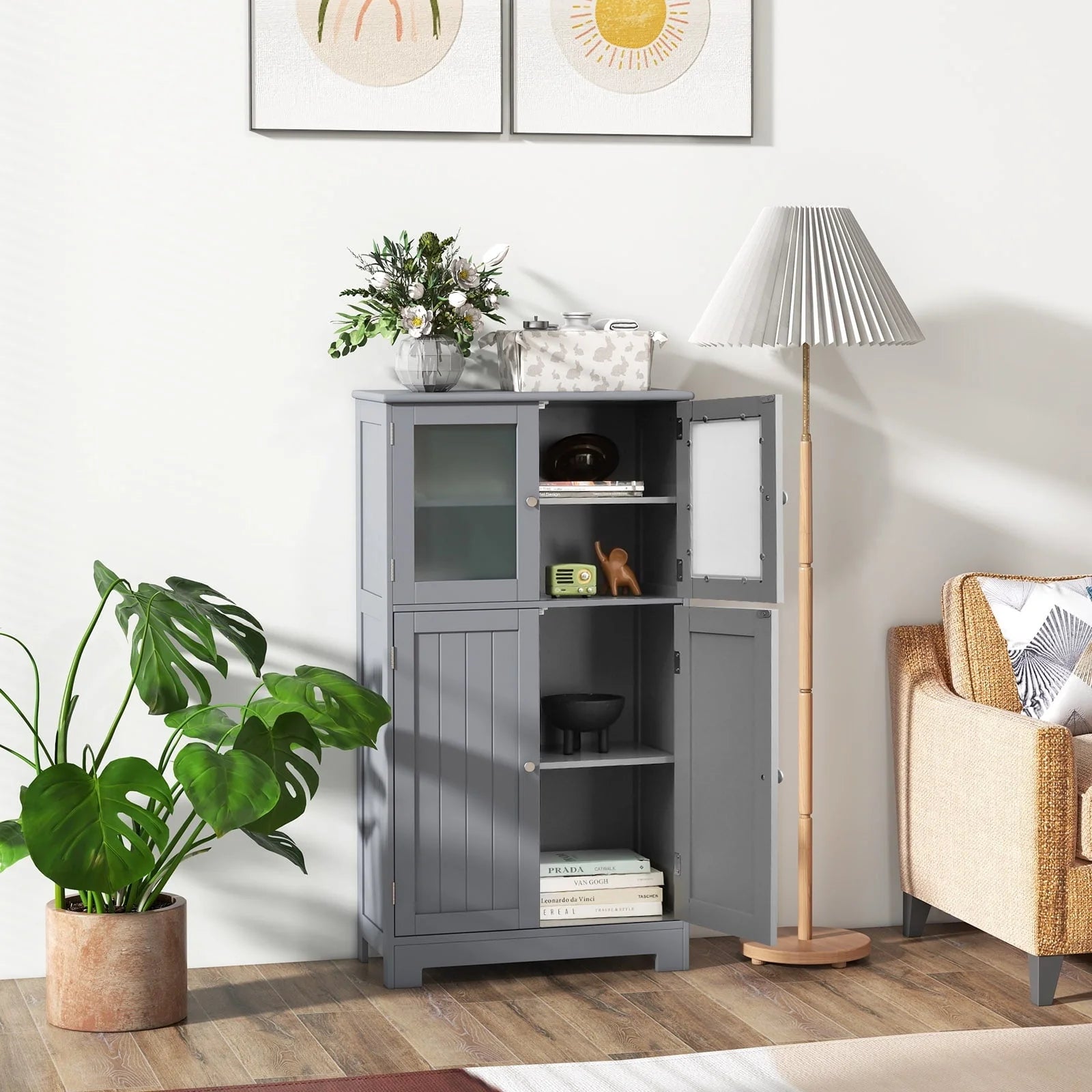 Topbuy Bathroom Storage Cabinet Freestanding Storage Cabinet w/ 4 Doors Wooden Kitchen Cupboard w/ Adjustable Shelf
