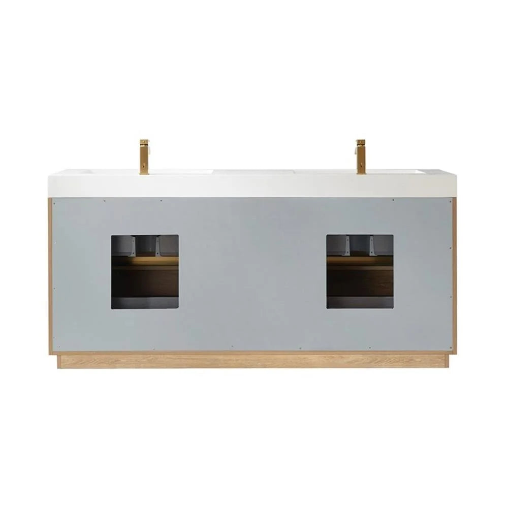 Huesca 72" Double Sink Bathroom Vanity Natural Oak Wood White Top No Mirror