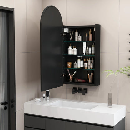 FKWin Arched Bathroom Medicine Cabinet with Mirror - Aluminum Framed Bathroom Mirror with Storage, Black Mirrored Medicine Cabinet, Wall Surface Mounted, 31.4"H x 15.7"W x 3.9"D