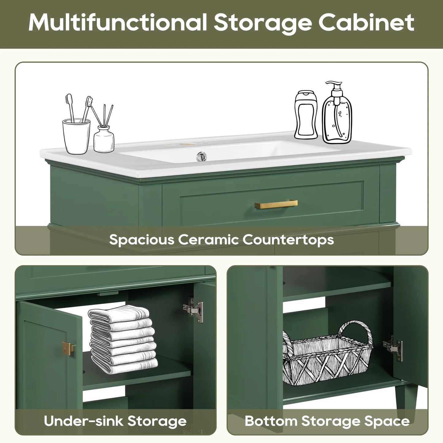 Harper & Bright Designs 30" Bathroom Vanity Combo with Ceramic Sink, Bathroom Vanity Cabinet with Soft Close Doors and Adjustable Shelves, Green