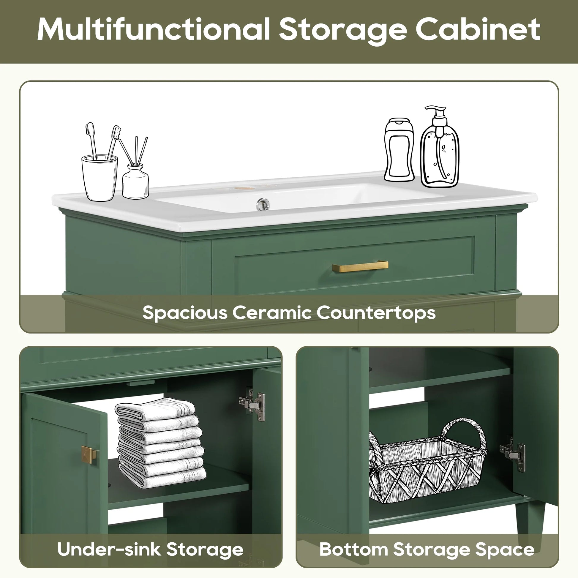 Harper & Bright Designs 30" Bathroom Vanity Combo with Ceramic Sink, Bathroom Vanity Cabinet with Soft Close Doors and Adjustable Shelves, Green