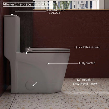 Albriya A1854 One Piece Toilet, Modern Elongated Toilet Power Dual Flush 1.1/1.6 GPF with Comfortable Chair Seat ADA Height 16 1/4’�?for Bathroom, 12’�?Rough-In, MaP 1000g, Grey