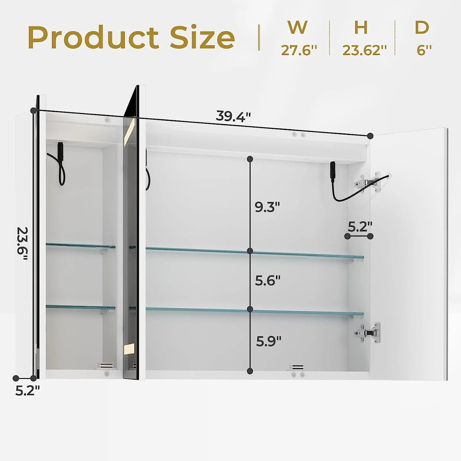Lighted Medicine Cabinet with Mirror&LED Light for Bathroom,Wall Mounted Bathroom Mirror Cabinet with Storage and 2 Outlet and 3 Doors for Home, White, 39.4" x 23.6"