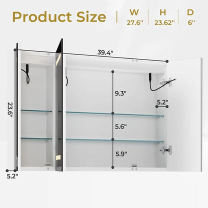 Lighted Medicine Cabinet with Mirror&LED Light for Bathroom,Wall Mounted Bathroom Mirror Cabinet with Storage and 2 Outlet and 3 Doors for Home, White, 39.4" x 23.6"