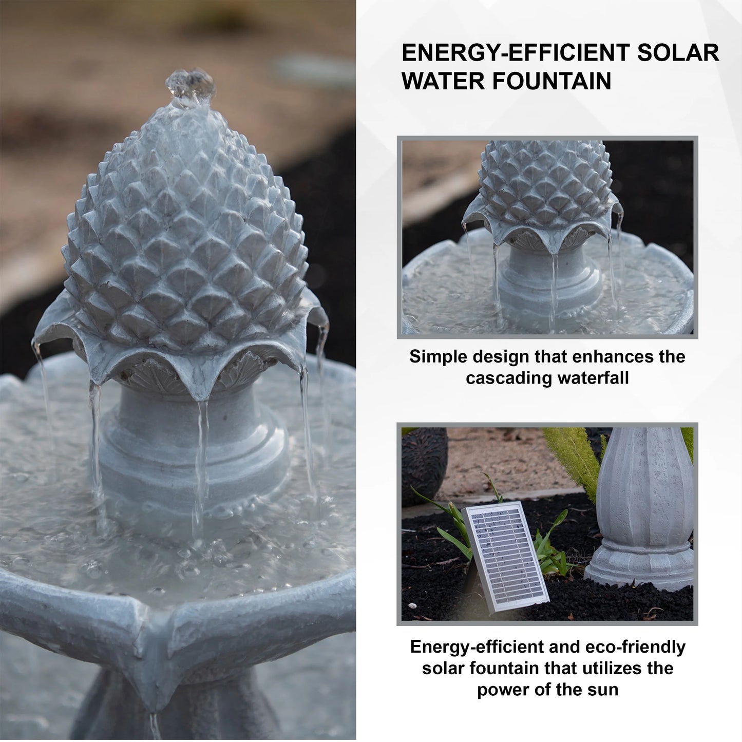 XBrand 44" H White Fiberglass/Resin 2-Tier Solar Water Fountain w/ Solar Panel and Auto-Shut Off Pump, Solar Garden Fountain, Tall Outdoor Fountain, Two Tiered Birdbath Fountain