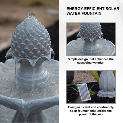 XBrand 44" H White Fiberglass/Resin 2-Tier Solar Water Fountain w/ Solar Panel and Auto-Shut Off Pump, Solar Garden Fountain, Tall Outdoor Fountain, Two Tiered Birdbath Fountain